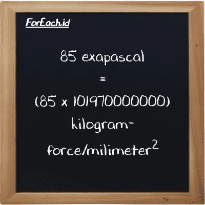 How to convert exapascal to kilogram-force/milimeter<sup>2</sup>: 85 exapascal (EPa) is equivalent to 85 times 101970000000 kilogram-force/milimeter<sup>2</sup> (kgf/mm<sup>2</sup>)